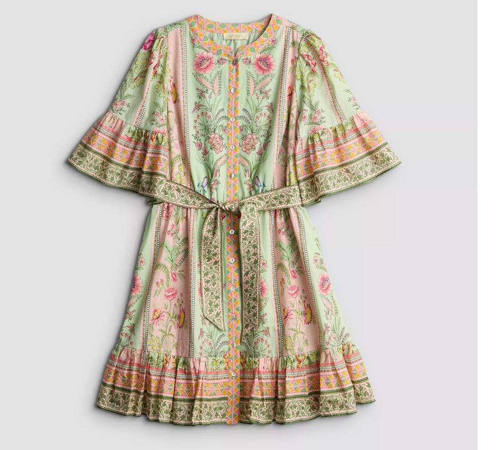 Farmers Market Boho Floral Cotton Dress Bell Sleeve Large